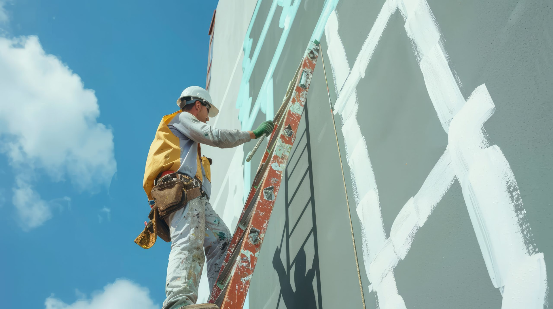 Painter working from a tall ladder on a high wall section
