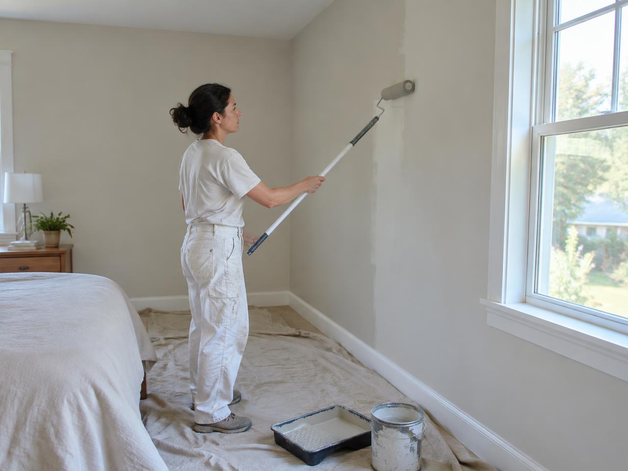 Painter rolling paint onto an interior bedroom wall