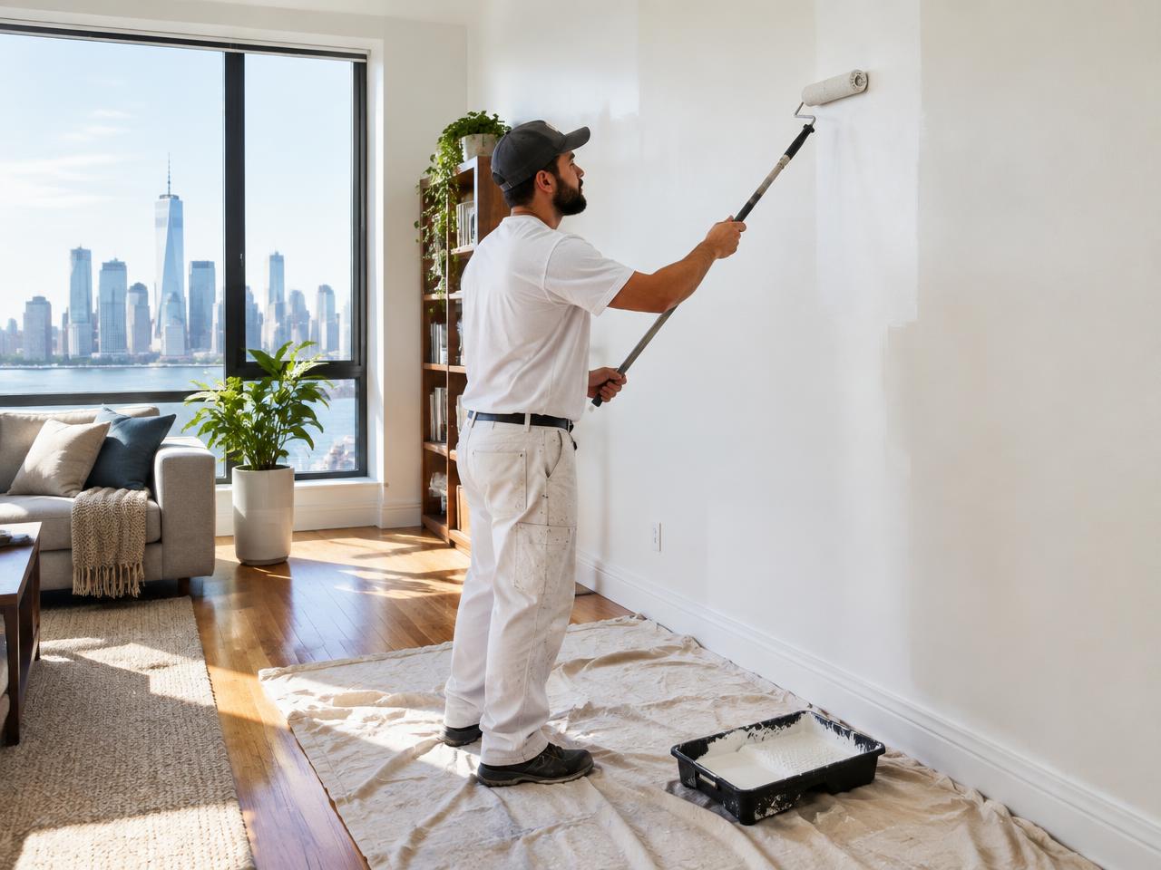 Painter rolling paint onto an interior living room wall