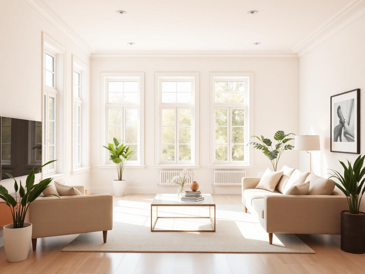 Freshly painted interior room with a paint roller and protected floor